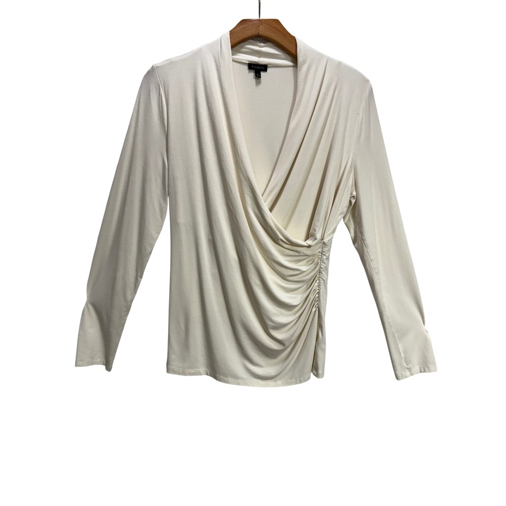 Talbots Top Cream EUC Surplice Ruched Career layer Minimalist capsule L